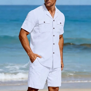 Men Casual Linen Shirt And Shorts Set Cuban Collar Short Sleeve Top And Bottom Vacation Beachwear Plain Fashion Outfit