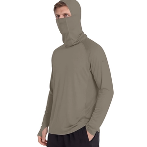 Close-up of lightweight sun protection jacket with hood, face mask and thumbholes in khaki