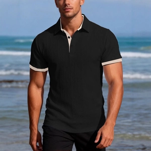 Men's slim fit black polo shirt with beige contrast collar and vertical texture
