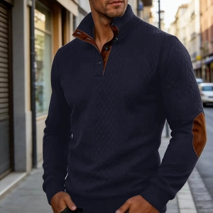 Men's navy knitted quarter-button pullover with diamond pattern and elbow patches