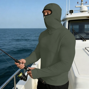 Men's olive green sun protection hoodie for fishing with integrated face mask