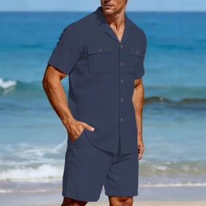 Men's navy linen short sleeve shirt and shorts set with chest pockets for beach vacation