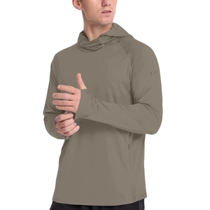 Close-up of taupe sun protection jacket showing breathable fabric and thumbhole cuffs