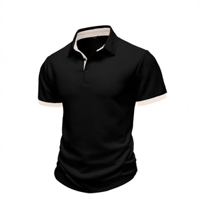 Men's knitted black short sleeve polo shirt with off-white trim and textured vertical stripes