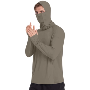 Detailed view of sun jacket featuring a mesh underarm vent and integrated face mask