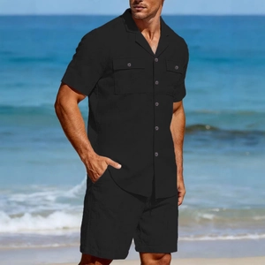 Men's black linen casual two-piece set with short-sleeve shirt and matching shorts