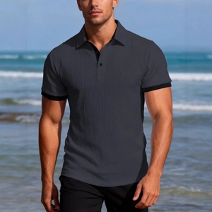 Men's dark gray knitted short sleeve polo shirt with textured fabric and slim fit design