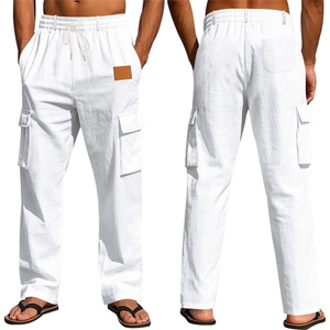 Vues détaillées avant et arrière du pantalon cargo en lin blanc avec cordon de serrage