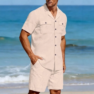 Men's summer linen-blend short sleeve shirt and shorts two-piece set in light beige beachwear