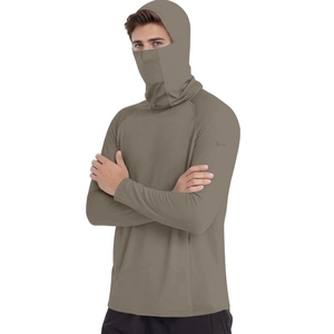 Detail of men's sun protection jacket showing integrated mesh face mask and hood