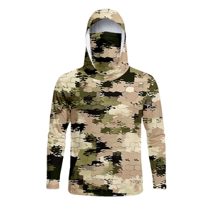 Close-up of camouflage sun protection jacket featuring integrated hood and face mask detail