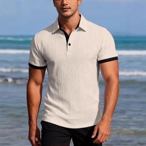 Men's textured knit short sleeve Polo shirt in beige with black contrast trim