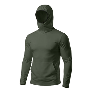 Detail of olive green sun protection jacket with built-in face mask and hood for fishing