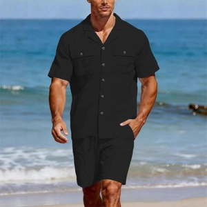 Men's summer linen-style two-piece set with short sleeve shirt and matching shorts in black