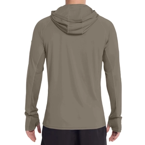 Detail of breathable mesh panels and thumb holes on men's gray sun protection hoodie