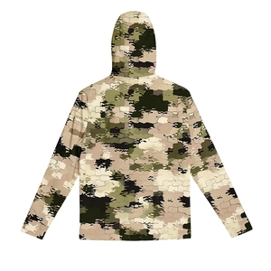 Rear view of outdoor sun protection jacket featuring digital camouflage pattern and hood