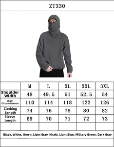 Detailed size chart for men's outdoor sun protection hoodie with camouflage design
