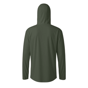 Detail view of the curved hem and quick-dry fabric on back of dark green sun protection hoodie