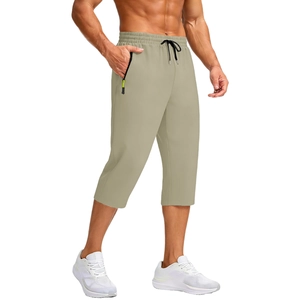 Men's lightweight quick-dry cropped sports pants in khaki with zipper pockets