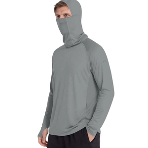 Detail of grey sun protection hoodie with built-in face mask and thumbhole cuffs