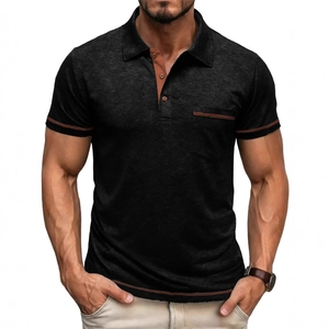 Men's slim fit black short sleeve Polo shirt with contrast brown trim and chest pocket