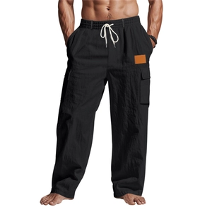 Détail du pantalon décontracté pour homme en lin avec cordon et poches cargo latérales
