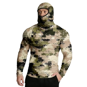 Detail of men's camo sun protection top with integrated balaclava mask and half-zipper