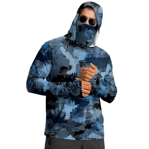 Detail of outdoor sun protection hoodie featuring blue camo print and integrated face mask