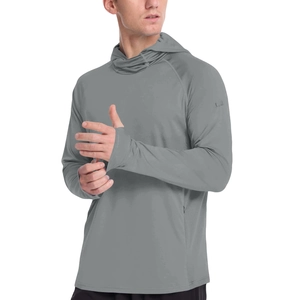 Detail of gray sun protection jacket with thumb holes and breathable ice silk fabric