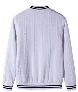 Macro view showing the intricate white jacquard texture and striped ribbing on the back