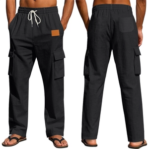 Détails du pantalon en lin noir pour homme avec cordon élastique et poches cargo latérales