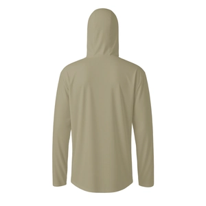 Rear view of breathable olive green sun protection jacket with hood and raglan sleeves