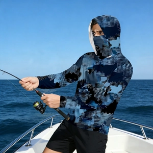 Men's blue camo sun protection jacket with hood for outdoor fishing and UV protection