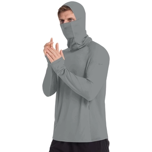 Detail of grey sun protection jacket showing breathable mesh and integrated face mask hood