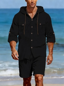 Détail de l'ensemble chemise à capuche et short en lin noir pour homme style plage
