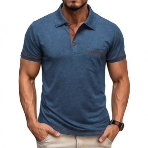 Men's slim fit polo shirt in heather blue with stylish brown contrast piping on pocket and sleeves