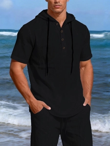 Men's black linen beach set featuring a hooded Henley short sleeve shirt and matching shorts