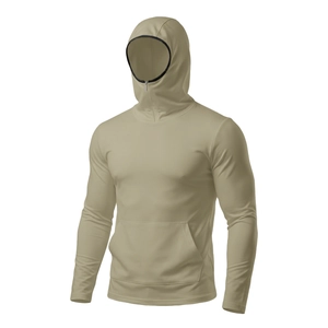 Detail of khaki outdoor sun protection hoodie with integrated face mask and zipper