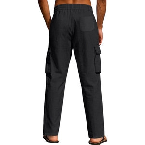 Vue détaillée du pantalon en lin noir pour homme avec taille élastique et poche cargo
