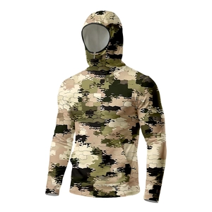 Detail of outdoor sun protection hoodie with integrated face mask and camouflage pattern