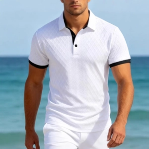 Polo Homme Business Décontracté Manches Courtes Texture Losanges Jacquard Haut en Maille Avec Bordure Contrastée Pour Été Plage