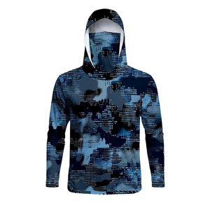 Detail of the integrated face mask and hood on a blue camouflage sun protection jacket