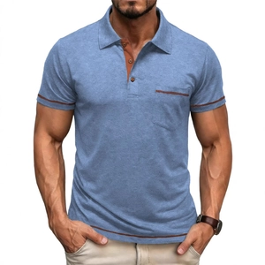 Men's light blue short sleeve Polo shirt with brown contrast trim and chest pocket