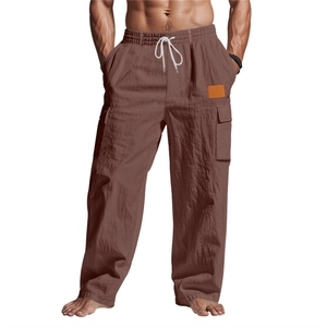 Pantalon en lin marron pour homme avec taille élastique à cordon et poches cargo