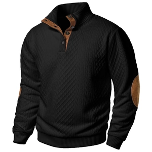 Detail of men's knit sweater with stand collar and faux suede patches on elbow