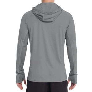 Close-up of gray sun protection jacket showing breathable mesh panels and thumb holes