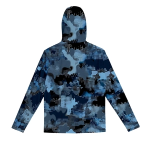 Back view of a blue camo sun protection hoodie featuring digital camouflage pattern