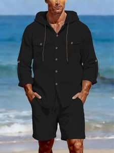Ensemble décontracté en lin noir pour homme avec chemise à capuche et short assorti