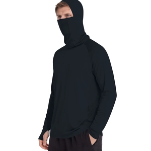 Detail of black cooling sun protection jacket with integrated face mask and thumb holes