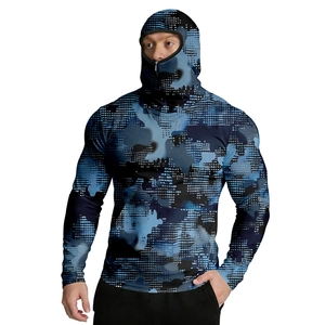 Detail view of men's camouflage sun protection hoodie with integrated face mask design